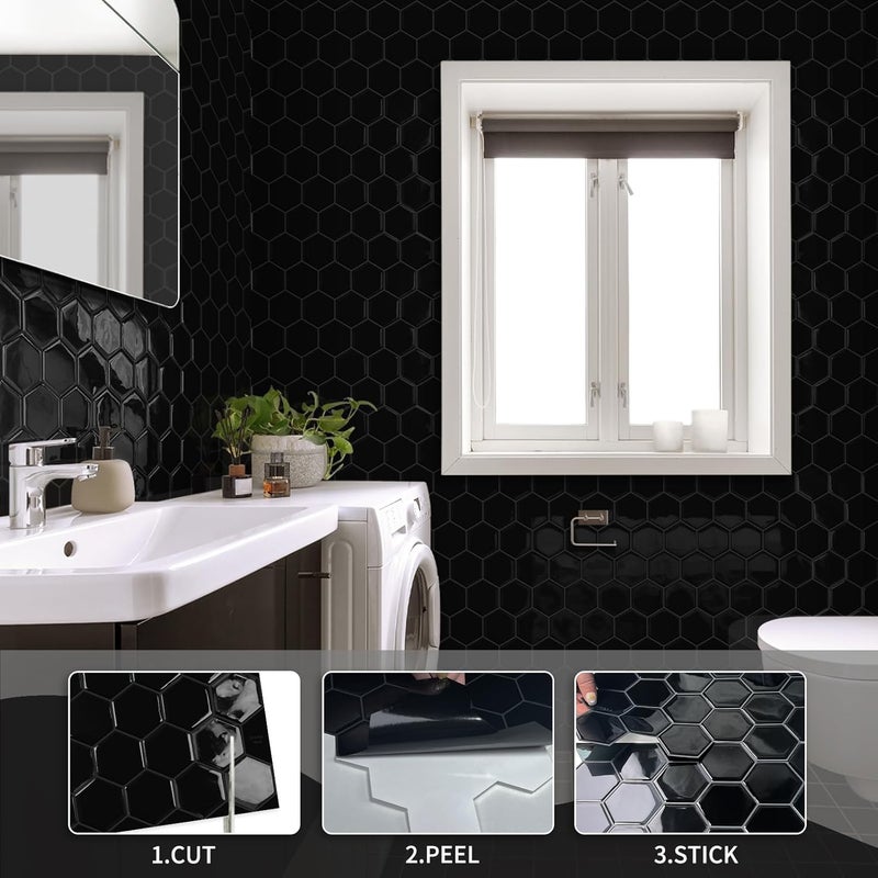 MOONFUN Hexagon Peel and Stick Backsplash Tile（Black）, IN - Image 3